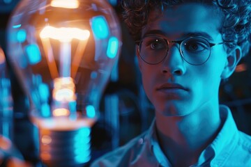 Poster - A person in glasses holds a light bulb