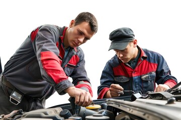 Poster - Two people repairing a vehicle engine, possibly in a garage or workshop