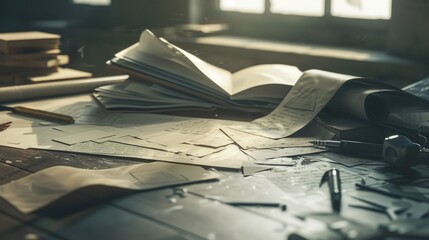 Fototapete - A stack of documents or paperwork on a traditional wood surface, suitable for use in office or educational settings