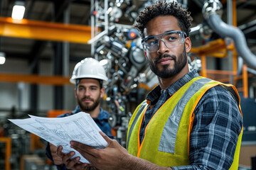 Wall Mural - Supervisor holding blueprints supervising engineer working in factory