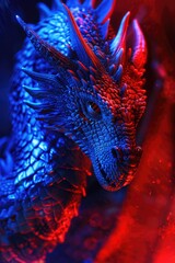 Poster - A close-up view of a majestic blue and red dragon, suitable for fantasy or mythological themed designs