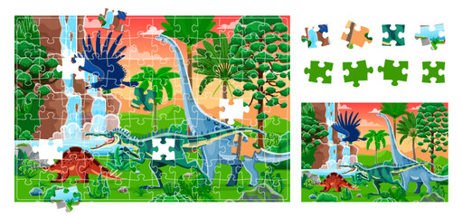 Aufkleber - Prehistoric landscape jigsaw puzzle game pieces with cartoon dinosaurs. Cartoon educational vector worksheet for preschool children with Jurassic era scene, dino species, plants, ferns and waterfall