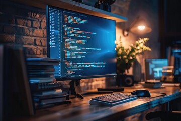 Poster - A desktop computer placed on a wooden desk