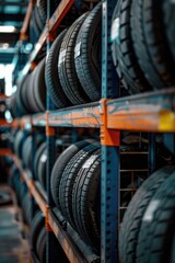 Aufkleber - Tires stored on shelves in a warehouse setting, suitable for use as an office background or inventory display