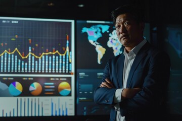 Poster - A person standing in front of a computer screen with a serious expression