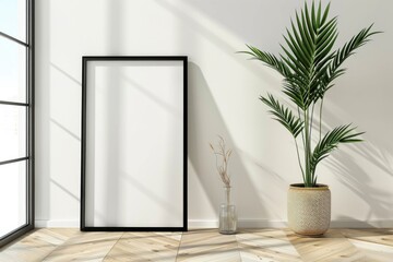 Aufkleber - A simple still life with a plant in a vase sitting next to a picture frame
