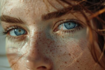 Poster - A close-up shot of a woman's face featuring distinctive freckles, ideal for use in beauty or lifestyle contexts