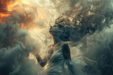 Poster - A woman in a white dress stands amidst a cloud of smoke, great for use as a mysterious or dramatic background