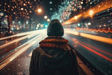 Poster - A person stands alone on a busy city street at night, illuminated by streetlights and neon signs