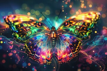 Poster - A colorful butterfly flying near bright lights, suitable for use as a background or decorative element