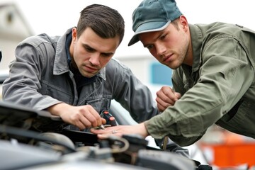 Poster - Two professionals in mechanic's attire work together to repair and maintain a vehicle's engine, possibly at a garage or workshop