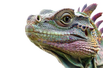 Poster - A close-up shot of a lizard's face against a white background, perfect for use in scientific or educational contexts