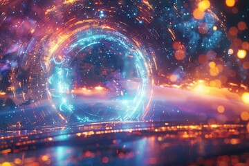 Poster - Abstract representation of a light tunnel with blue and orange hues