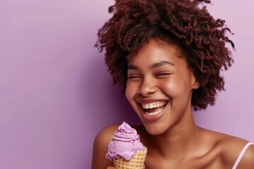 Wall Mural - A happy woman enjoying her favorite treat on a sunny day