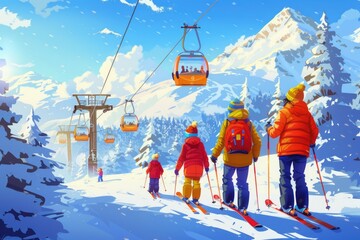 Wall Mural - A group of friends having fun skiing down a snowy mountain, suitable for winter sports and outdoor activities