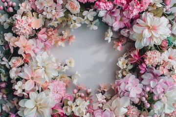 Poster - A beautiful floral wreath made of pink and white flowers on a white background, perfect for decorative or creative purposes