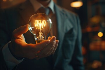 Poster - A man in a suit holds a light bulb