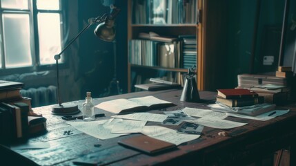 Poster - A wooden desk covered with numerous books, great for educational or literary-themed projects