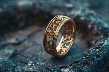 Sticker - A golden ring perched on top of a rugged rock, perfect for use as a symbol or decorative element