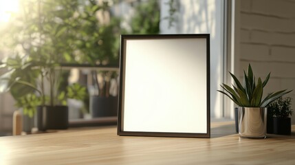 Wall Mural - 3d mockup of a blank frame on a light wooden table in a cozy room filled with natural light