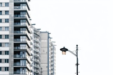 Sticker - Cityscape with a tall building and a single street light in front