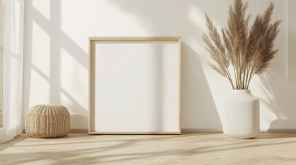 Wall Mural - 3d mockup of a blank frame on a light wooden floor in a room with natural light filtering in