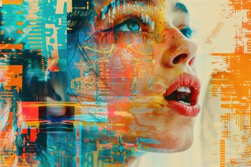 Wall Mural - A close-up shot of a woman's face with an electronic circuit in the background, suitable for use in tech-related projects or illustrations