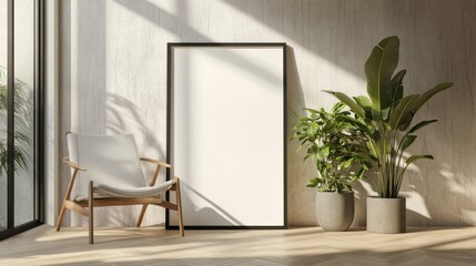 Wall Mural - 3d mockup of a blank frame on a light wooden floor in a room with natural light filtering in