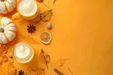 Poster - A warm cup of coffee surrounded by autumn leaves and pumpkins