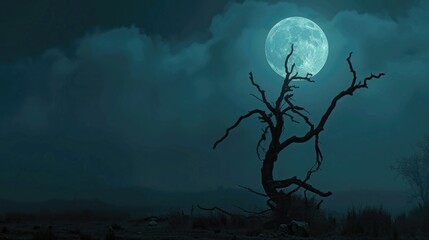 Aufkleber - A lone dead tree stands out against the bright full moon in the night sky