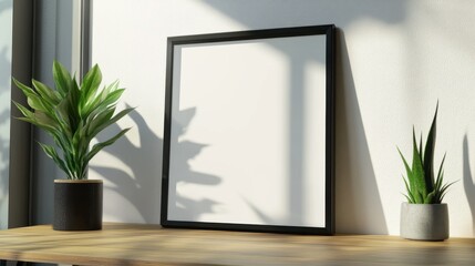 Wall Mural - Mockup of a blank frame on a wooden table with natural light softly illuminating the area