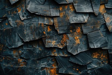 Poster - A close-up view of a rough-textured wall with a dominant black color scheme and accents of orange