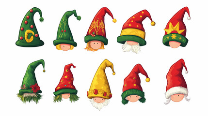 A collection of funny hats. elf hats set isolation on white background. illustration. Elf. Illustration