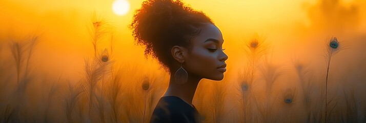 Wall Mural - Woman Silhouette in Golden Field