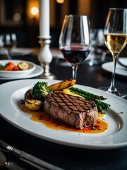 Juicy steak accompanied by a combination of grilled and fried vegetables in a fine dining atmosphere.