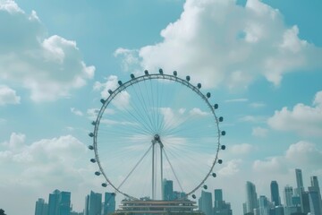 Poster - A Ferris wheel in front of a city skyline at sunset