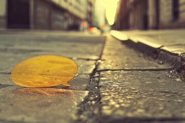 Poster - A single yellow leaf is lying on the side of a road, possibly fallen from a nearby tree