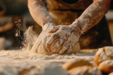 Closeup of a baker's hands kneading sourdough on a flour-covered table.