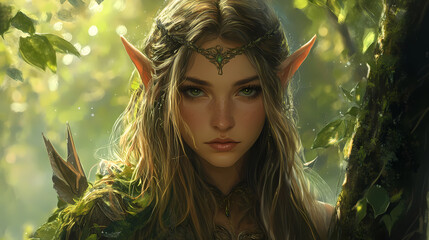 A stunning female elf warrior in a magical forest setting. concept fantasy, elf, warrior, magical forest, female portrait. Elf. Illustration