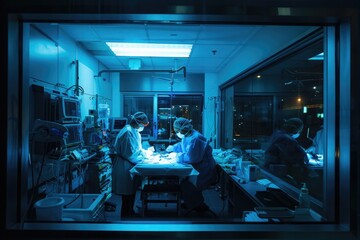 Poster - A group of scientists collaborating on a project in a modern laboratory setting, ideal for use in educational or business contexts