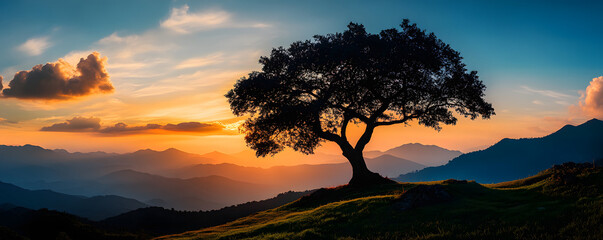 Sticker - Silhouette of a Tree at Sunset Over Mountains