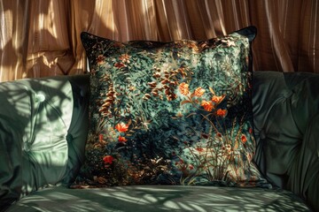 Poster - A single green chair with a pillow placed on top