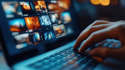 Wall Mural - Close-up of Hand Typing on Laptop with Images on the Screen