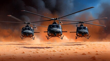 Helicopter Squadron Landing in Warzone with Soft Light Brown Background