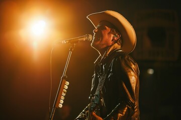Poster - A man in a cowboy hat sings into a microphone, a classic country music scene