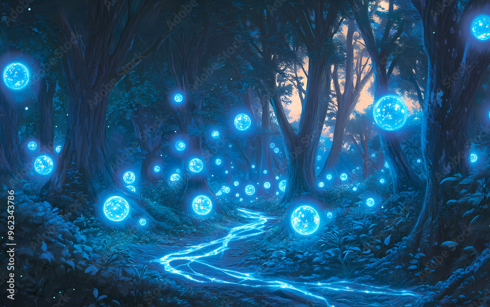 Mystical bioluminescent forest with glowing orbs and luminescent trees ...