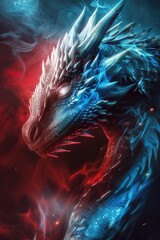 Wall Mural - A close-up shot of a mythical dragon on a vibrant red and blue background, perfect for fantasy-themed designs or stories