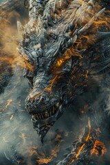 Poster - A close-up shot of a fire-breathing dragon's face, flames engulfing its mouth and nose