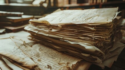 Poster - A pile of yellowed documents and files stacked on a wooden surface