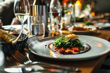 Poster - A plate of food sits on top of a wooden table, ready for serving